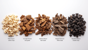 Agarwood grades by colour - from low-grade white chips to premium near-black wild agarwood Purpose