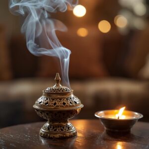 Bukhoor and Oud Muatter burning on a mabkhara