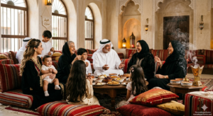 Emirati or Gulf-style family gathering - Eid celebration, traditional majlis setting, or a wedding scene - where fragrance is naturally present
