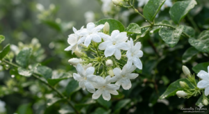 macro photograph of a fresh white Jasminum Sambac flower cluster in full bloom