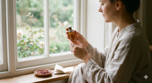 showing a person holding a small traditional attar bottle thoughtfully
