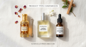 three different product types side by side a traditional attar bottle