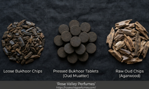 Bukhoor chips, oud muatter, and raw agarwood oud side by side