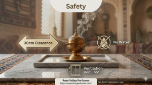 Bukhoor safety guide for Dubai apartments - heat-safe surface, ventilation, and no water on charcoal