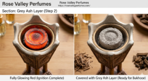 Charcoal disc stages for using bukhoor in Dubai - red glow vs grey ash layer ready for incense