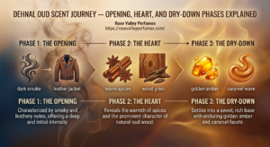 Dehnal Oud scent journey — opening, heart, and dry-down phases explained