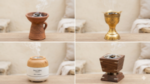 Four types of Mabkhara incense burners available in Dubai - clay, brass, electric, and wooden