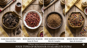 Four types of bukhoor available in Dubai - oud-based, rose blend, Mabsoos powder, and mixed blend