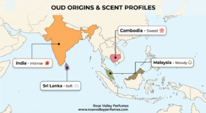 Oud origins map - Cambodian, Hindi, Malaysian, Sri Lankan agarwood Dubai