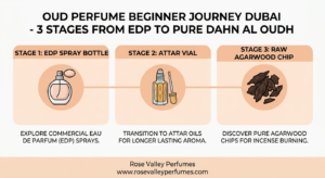 Oud perfume beginner journey Dubai - 3 stages from EDP to pure Dahn Al Oudh