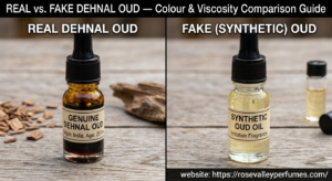 Real vs fake Dehnal Oud — colour and viscosity comparison guide