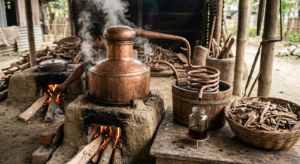 Traditional Dehnal Oud hydro-distillation — copper vessel with Agarwood chips