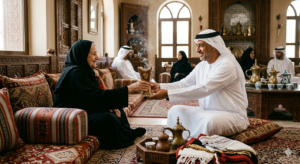 Traditional Emirati bukhoor ritual - passing the Mabkhara to guests in a Dubai majlis