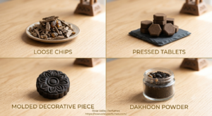 Types of bukhoor in Dubai - loose chips, pressed tablets, molded pieces and dakhoon powder