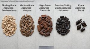 Agarwood grades comparison - from low-grade floating chips to premium sinking grade and Kyara agarwood Dubai