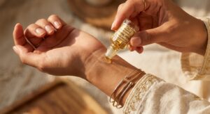 Applying Attar Motia jasmine attar oil to wrist - alcohol-free perfume Dubai