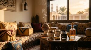 Arabic incense Bukhoor and Oud Muatter collection displayed in Dubai home with mabkhara and Arabian perfume