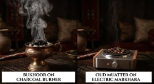 Bukhoor on charcoal burner vs Oud Muatter on electric mabkhara side by side comparison