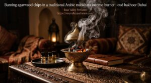 Burning agarwood chips in a traditional Arabic mabkhara incense burner - oud bakhoor Dubai