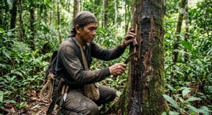 Experienced agarwood hunter inspecting Aquilaria tree in Southeast Asian rainforest - agarwood harvesting process