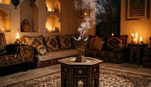 Gulf Arab home with burning bakhoor agarwood incense in traditional mabkhara - oud cultural tradition Dubai UAE