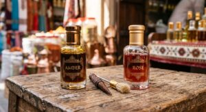 Layering amber attar and rose attar together - traditional Arabian fragrance technique Dubai