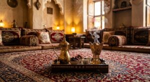 Traditional Gulf majlis setting with mabkhara incense burner and Arabic coffee pot Dubai