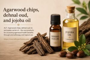 Agarwood chips, dehnal oud oil, and jojoba carrier oil