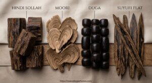 Comparison of Hindi Sollah, Moori, Duga, and Suyufi Flat agarwood cuts
