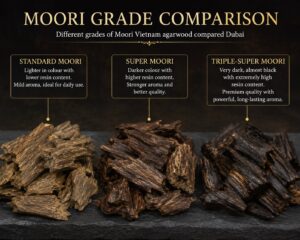 Different grades of Moori Vietnam agarwood compared Dubai