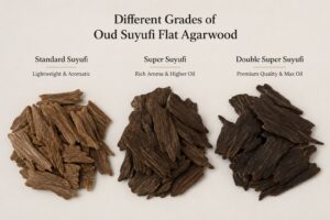 Different grades of Oud Suyufi Flat agarwood compared Dubai
