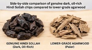 Genuine dark, oil-rich Hindi Sollah chips compared to lower-grade agarwood
