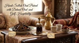 Hindi Sollah oud chips paired with dehnal oud and Gulf hospitality items