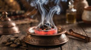 Hindi Sollah oud chips releasing aromatic smoke on hot charcoal