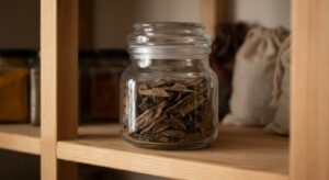 Hindi Sollah oud chips stored in an airtight glass container