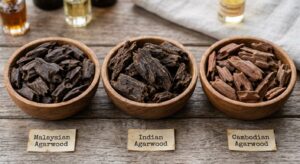 Malaysian agarwood compared with Indian and Cambodian oud chips