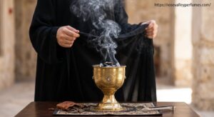 Passing fabric through Hindi Sollah oud smoke using a traditional mabkhara