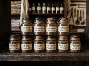 Agarwood powder stored in small sealed glass jars