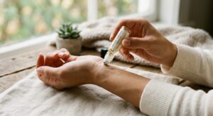 Applying Armani inspired fragrance oil to pulse points