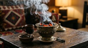 Bakhoor wood chips burning in a traditional mabkhara