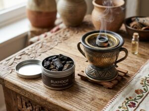 Bukhoor stored in an airtight tin container