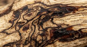 Dark resin veins visible in raw agarwood wood grain