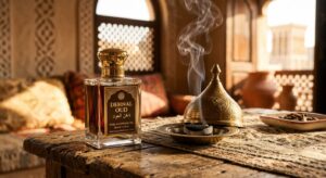 Dehnal Oud bottle beside a traditional oud burner in Dubai