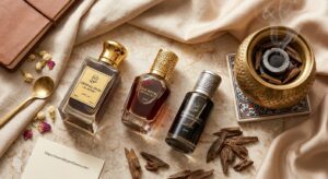Dehnal Oud bottles arranged with a bukhoor burner flat-lay
