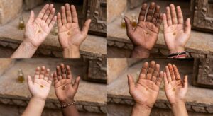 Different hands with attar applied, showing diverse skin chemistry
