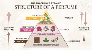 Fragrance pyramid showing top, heart, and base notes
