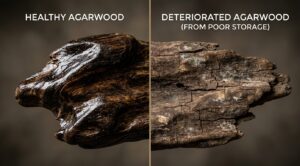 Healthy agarwood compared to deteriorated agarwood from poor storage