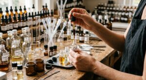 Perfumer blending an Oud Ma Attar Dubai fragrance oil by hand