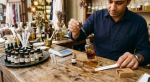 Perfumer hand-blending a mukhallat oud oil in Dubai