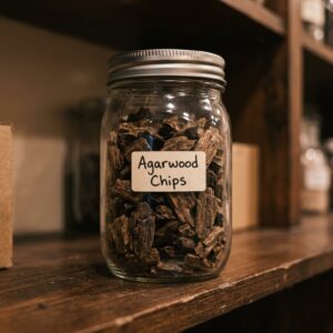 Raw agarwood chips stored in a sealed glass jar
